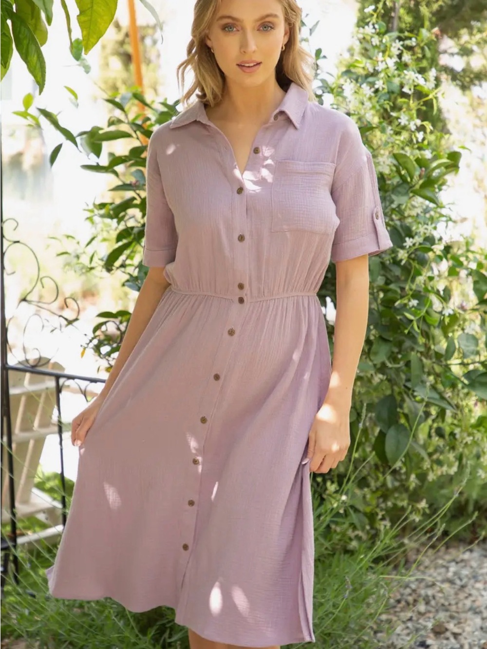 Relaxed Button-Front Lavender Shirt Dress - Unbranded